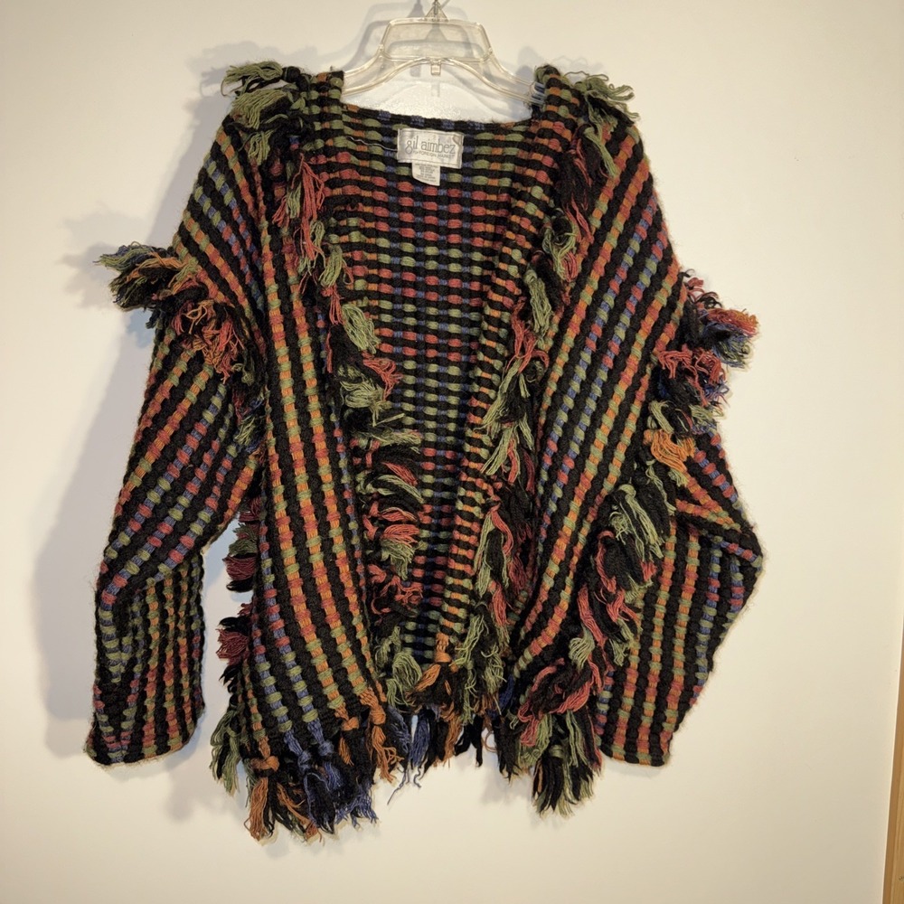 Vintage Gil Aimbez Foreign Market Fringe Cardigan Women OS Wool Blend | Boho Art